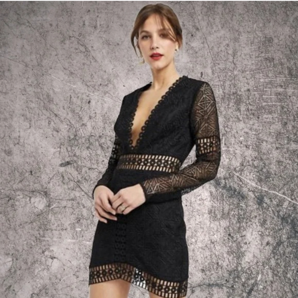 Asos Black Plunging Embroidered Mini Dress US 10